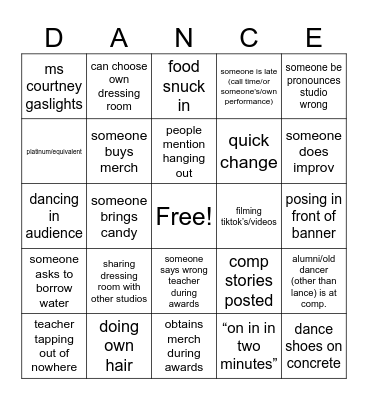 Dance Comp. Dreamspace Edition Bingo Card