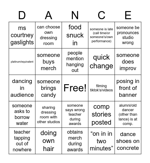 Dance Comp. Dreamspace Edition Bingo Card