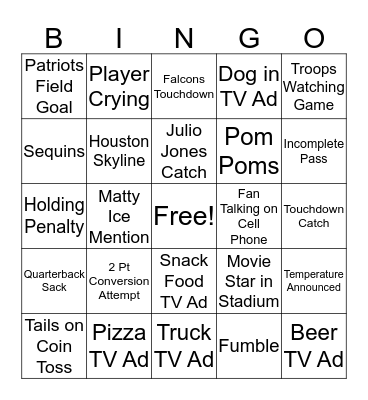 Super Bowl 51 Bingo Card