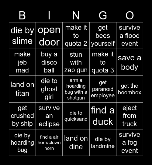 lethal Bingo Card