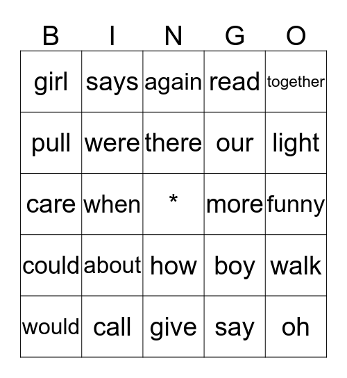 Unit 3 Sight Words Bingo Card