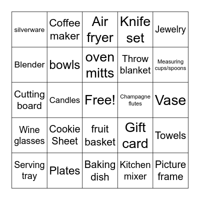 Bridal Gift Bingo Card