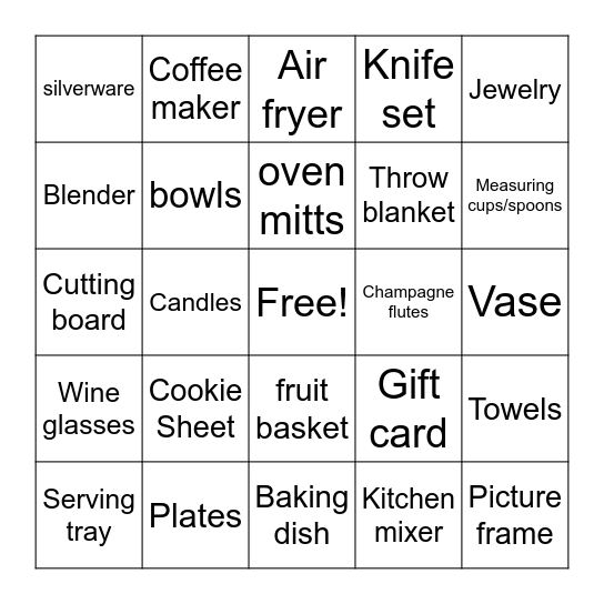 Bridal Gift Bingo Card