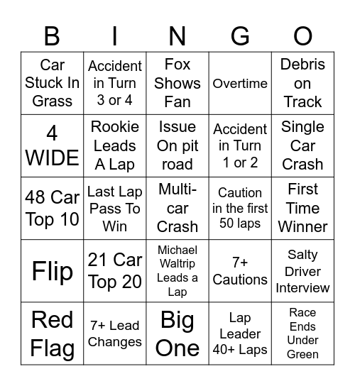 Nascar Bingo! Bingo Card
