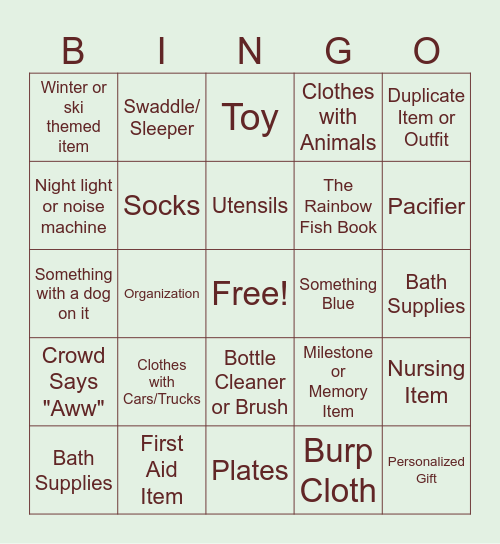 Baby Shower GIft Bingo Card