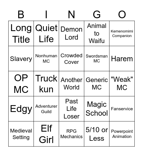 Isekai Bingo Card