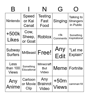 Youtube Shorts Bingo Card
