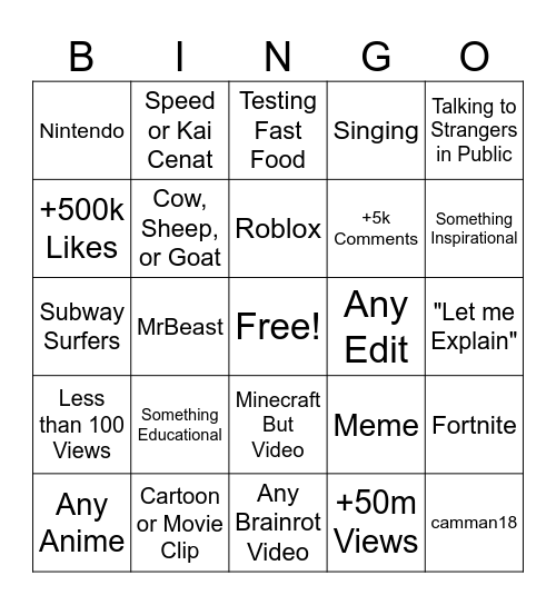 Youtube Shorts Bingo Card