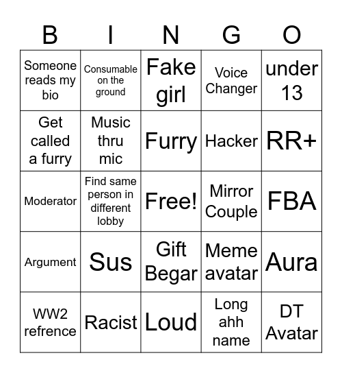 Rec Room Bingo Card