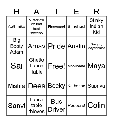 HATER Bingo Card