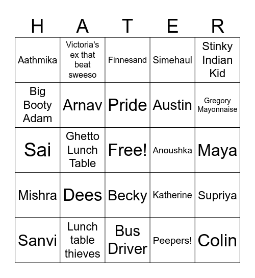 HATER Bingo Card