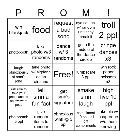 prom bingo Card