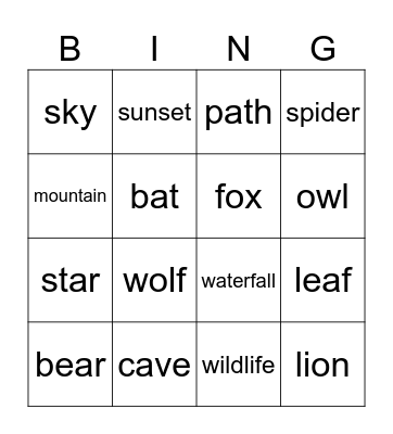 landscape and wild animals Bingo Card