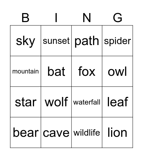 landscape and wild animals Bingo Card