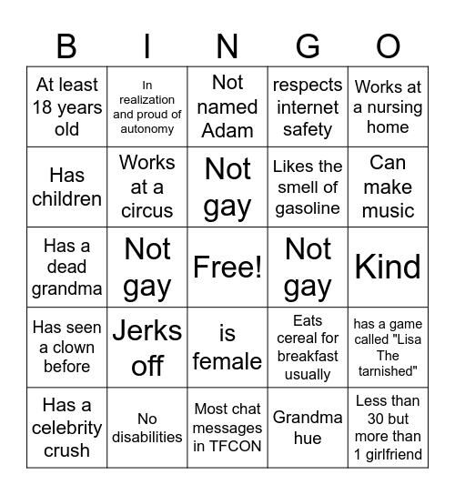 Normal Person Bingo Card