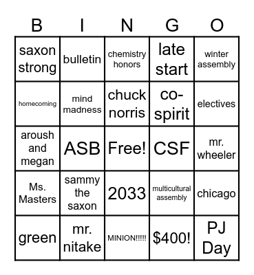North High Bingo Card