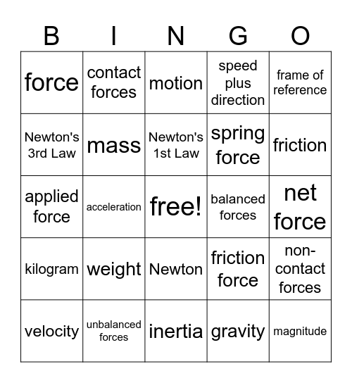 Forces & Motion Bingo Card
