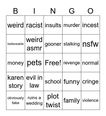 reddit story pingo Bingo Card