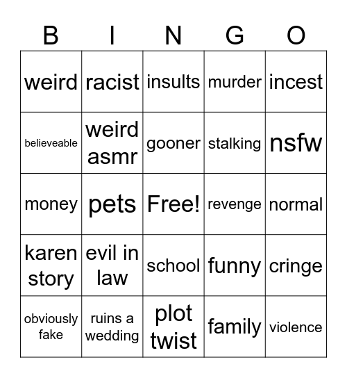 reddit story pingo Bingo Card