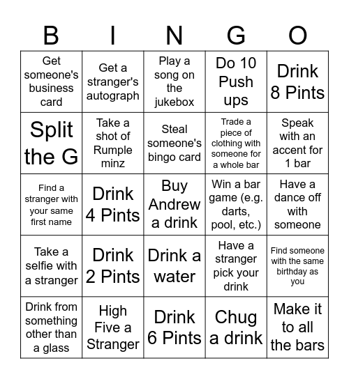 Bar Bingo Card