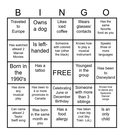 FILIPINO HUMAN BINGO Card