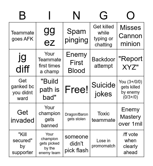 Casual League of Legends Bingo Card