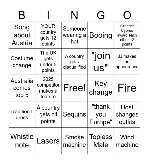 Eurovision 2026 Bingo Card