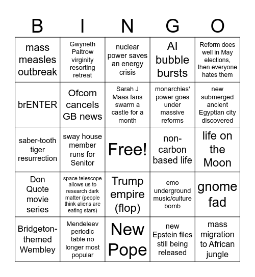 Holly's 2026 Bingo card Bingo Card