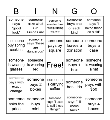 Girl Guide Cookie selling Bingo Card
