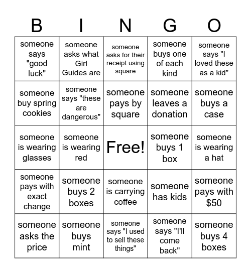 Girl Guide Cookie selling Bingo Card