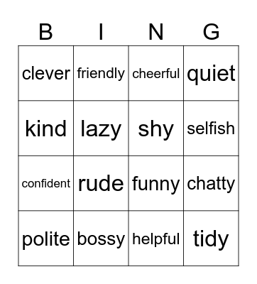 Traits Bingo Card
