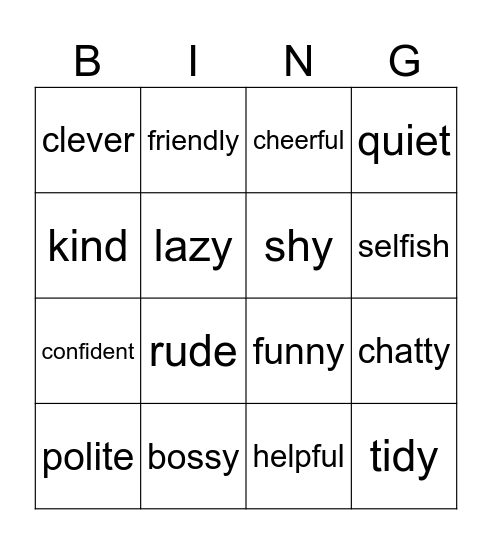 Traits Bingo Card