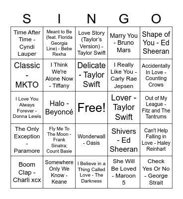 Love Song Singo Bingo Card