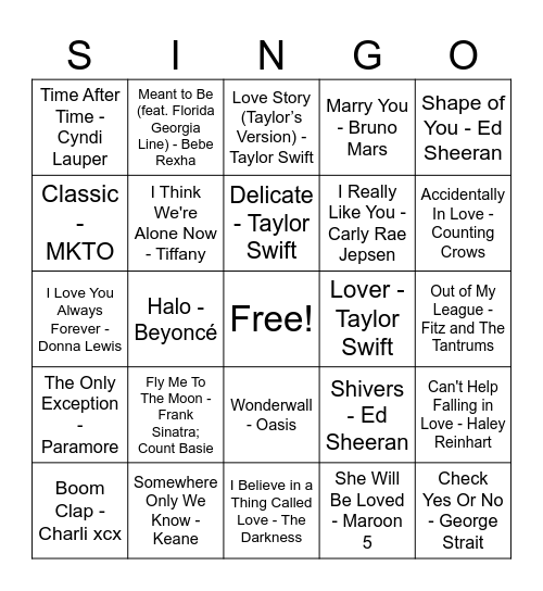 Love Song Singo Bingo Card
