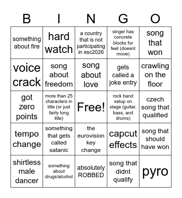 eurovision song bingo (for non-stop hits stream) Bingo Card