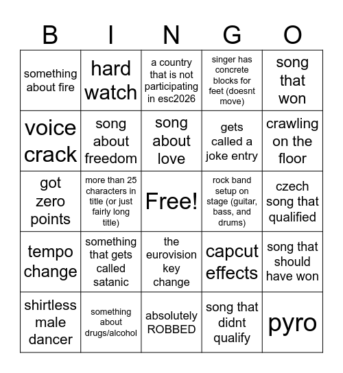 eurovision song bingo (for non-stop hits stream) Bingo Card