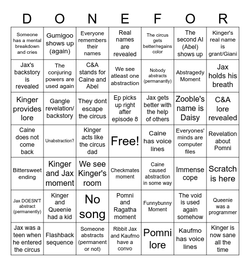 TADC episode 9 Bingo card Bingo Card