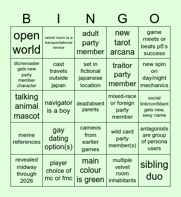 persona 6 Bingo Card