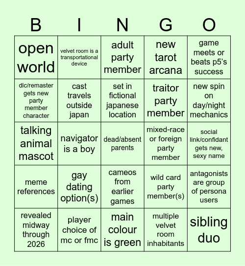 persona 6 Bingo Card