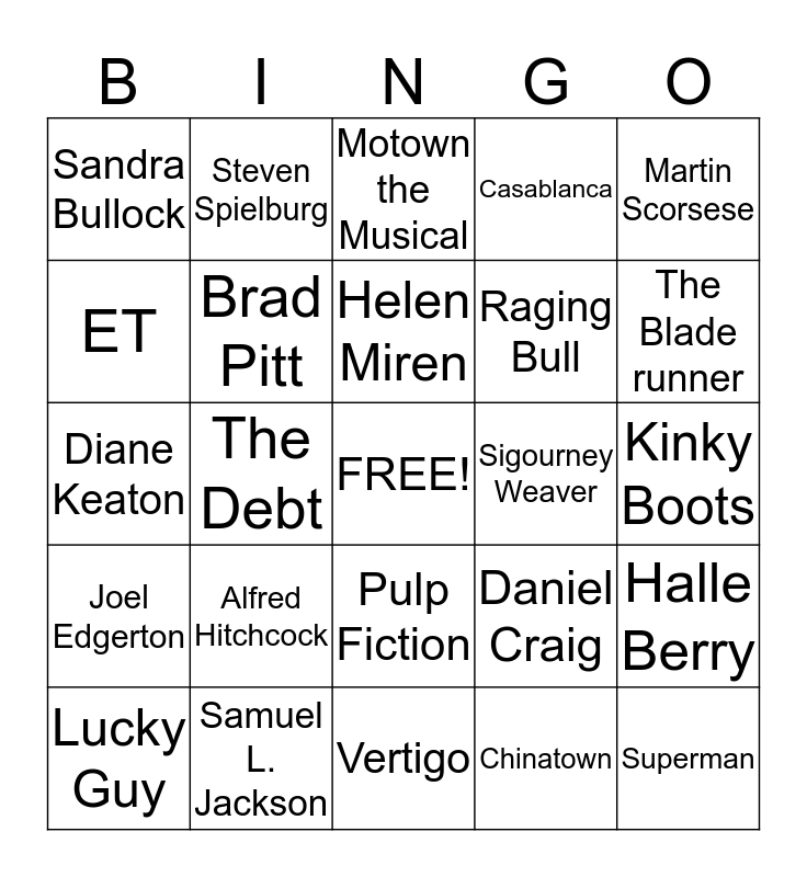 Hollywood Bingo Part III Bingo Card