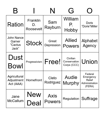 Unit 8: The Great Depression and WWII Bingo Card