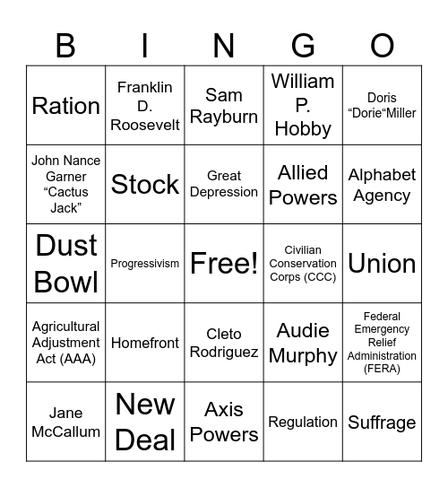 Unit 8: The Great Depression and WWII Bingo Card