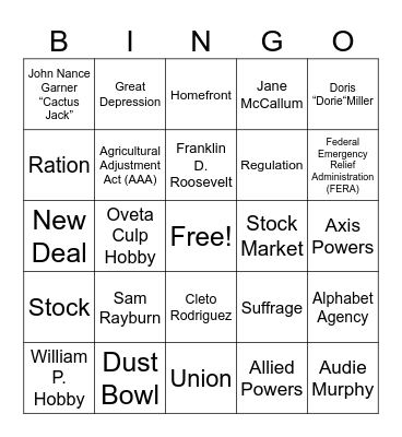 Unit 8: The Great Depression and WWII Bingo Card