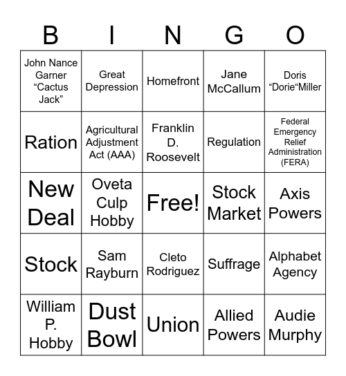 Unit 8: The Great Depression and WWII Bingo Card