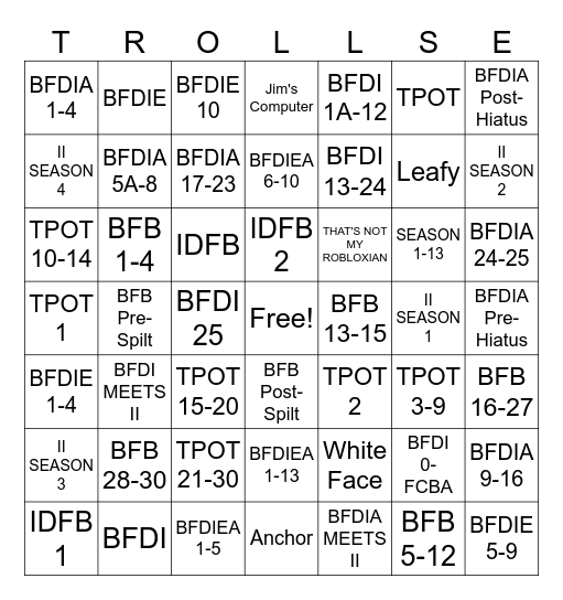 BFDI HISTORY & OPPOSITES Bingo Card