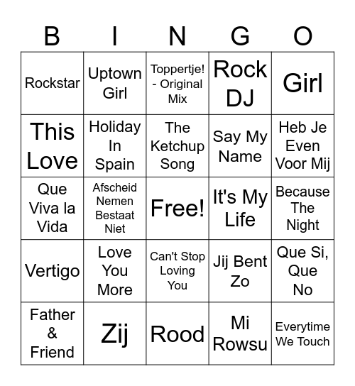 00's Hits Bingo Card