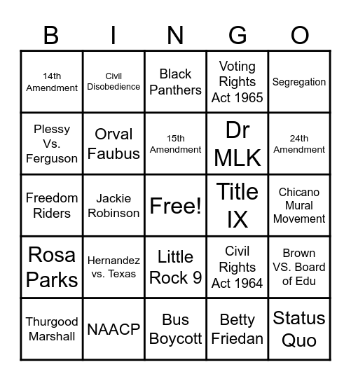 Civil Rights Bingo Card
