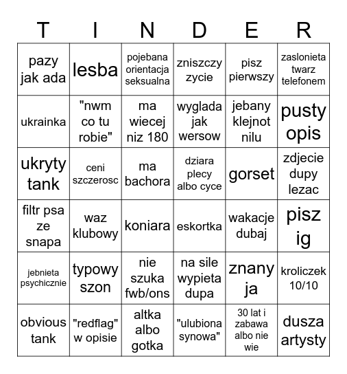 Tinderowe bingo Card