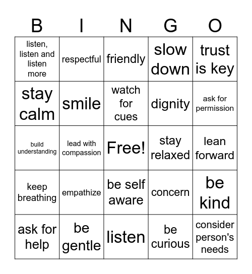 Supporting De-escalation Bingo Card