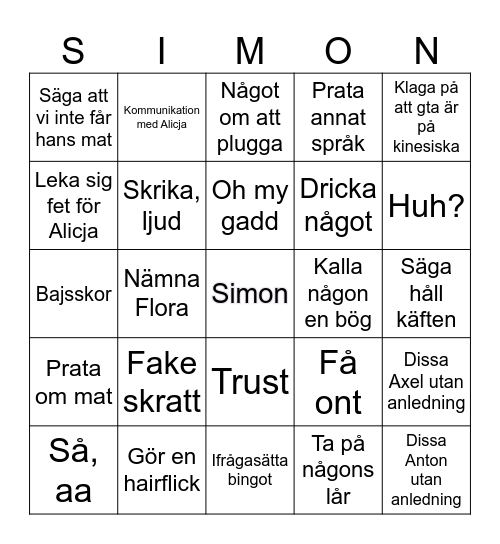 Simon Bingo Card